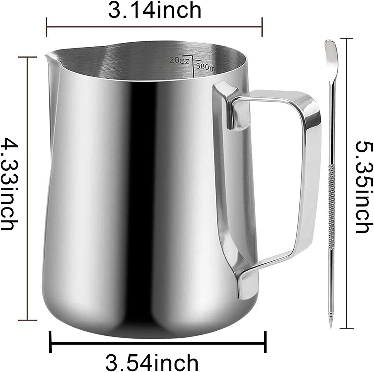 Milk Frothing Pitchers 20 oz, Stainless Steel Espresso Steaming Pitcher with Decorating Pen Coffee Milk Frother Cup with Scale Cappuccino Latte Art