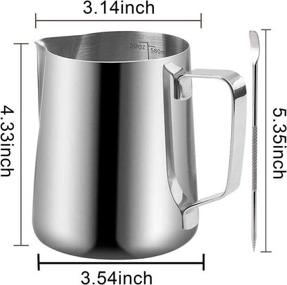 Milk Frothing Pitchers 20 oz, Stainless Steel Espresso Steaming Pitcher with Decorating Pen Coffee Milk Frother Cup with Scale Cappuccino Latte Art