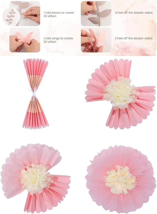 Fonder Mols Tissue Paper Chrysanth Flowers with Butterfly and Olive Leaves for Wedding Baby Shower Nursery Room Parties & Events Decorations Pom Poms (Pink)