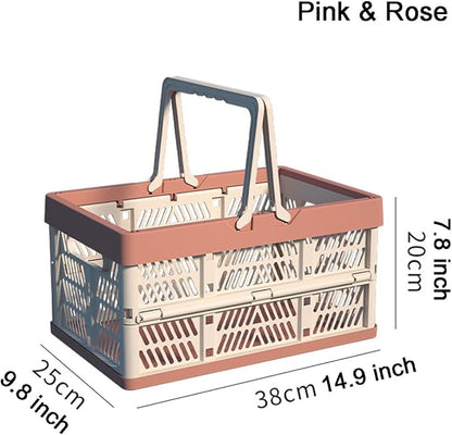 Foldable Handle Storage Crate Bin - 20L Collapsible Plastic Crate Stacking Storage Basket - Pink & Rose M