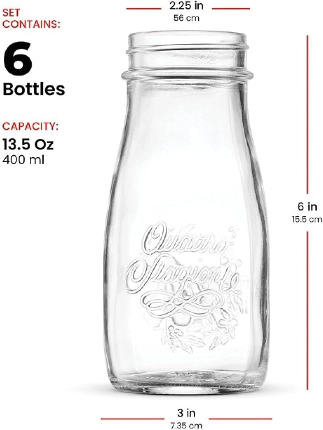 Bormioli Rocco Quattro Stagioni Bottles, Set of 6-13.5 Oz. Clear Glass with Twist Lids for Food Preserving, Beverage Serving, Homemade Gifts