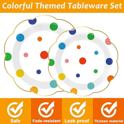 96 Pcs Colorful Birthday Plates and Napkins Colorful Polka Dots Party Supplies Rainbow Dots Tableware Table Decorations Confetti Plates Napkins Rainbow Party Favor for Baby Shower Wedding 24 Guests
