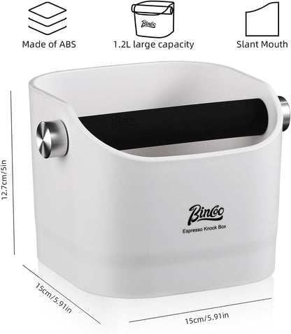 Espresso Knock Box - Bincoo Espresso Machine Knock Box/Espresso Grounds Knock Box, Barista Style Coffee Knock Box for Grounds with Removable Shock-Absorbent Knock Bar and Anti-Slip Base. (White)
