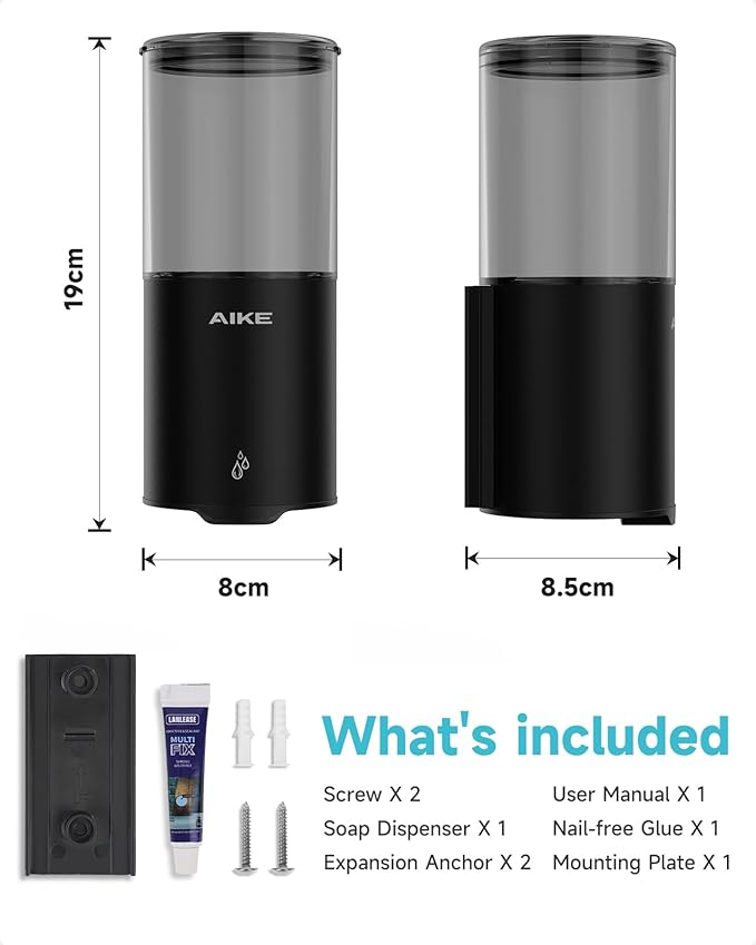 AIKE Automatic Wall Mount Liquid Soap Dispenser for Home and Commercial Bathroom 13.5oz IPX7 Waterproof,Matte Black Stainless Steel