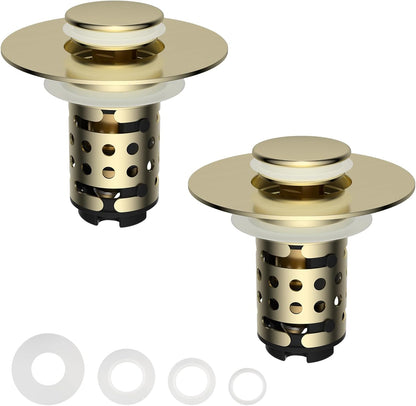 Universal Bathroom Sink Stopper Hair Catcher Upgraded with 2-Layer Detachable Filter Basket, 4 in 1 Pop Up Drain Strainer, Anti-Clog, Odor-Block, Fit for 1.1''~2.36'' Sinks, 2PCS, Brushed Gold