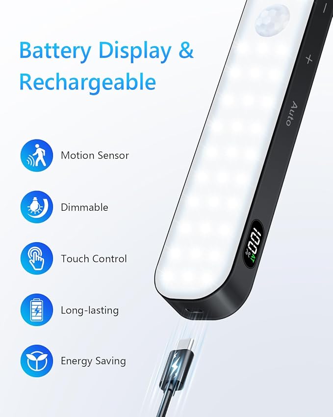 Ferswe Under Cabinet Lights Rechargeable, Battery Level Display, 60 LED Motion Sensor Cabinet Light, Dimmable Touch Control, Under Counter Lights for Kitchen, Closet, Cupboard(2 Pack)