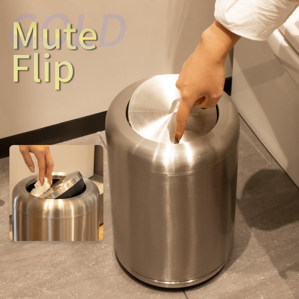 Waste Can 3 Gallon with Swing Lid，Brushed Stainless Steel Trash Can，Metal Cylindrical Garbage Can，Brass Wastebasket Bin for Bathroom,LivingRoom,Office,Kitchen,Bedroom,Hotel (Sliver)
