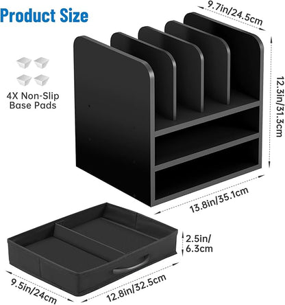 Desk File Organizer for Home, Office, School, Wooden Frame Desktop Storage Solution for Office Supplies, Documents, Papers, Folders and Stationery, Space-Saving and Stylish Document Sorter
