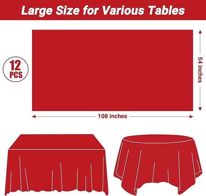 12 PCS Red Disposable Plastic Tablecloth, Party Red Plastic Table Cloth Disposable, Waterproof Smooth Table Cover, 54 X 108 IN Table Cloth Rectangle Table for Outdoor Events Birthdays Weddings Picnics