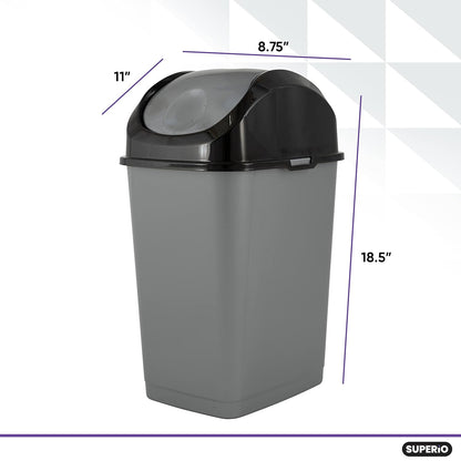 Superio Small Trash Can for Dorm with Lid 4.5 Gallon Plastic Swing Top Slim Garbage Can for Under Sink/Cabinet, Laundry, Kitchen, Office, Bedroom, Bathroom, College, 18 Qt Gray/Black, 2
