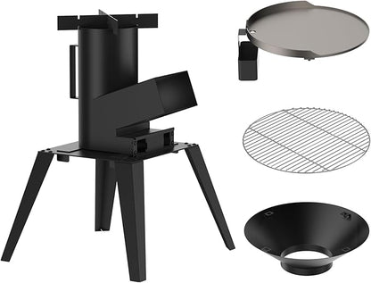 3-in-1 Camp Rocket Stove Kit with BBQ Grate, Griddle, Pot Rack, Portable Wood Burning Stove with Detachable Stand, Camping Gear for Outdoor Cooking Patio Barbecue RV Tailgating, GS345