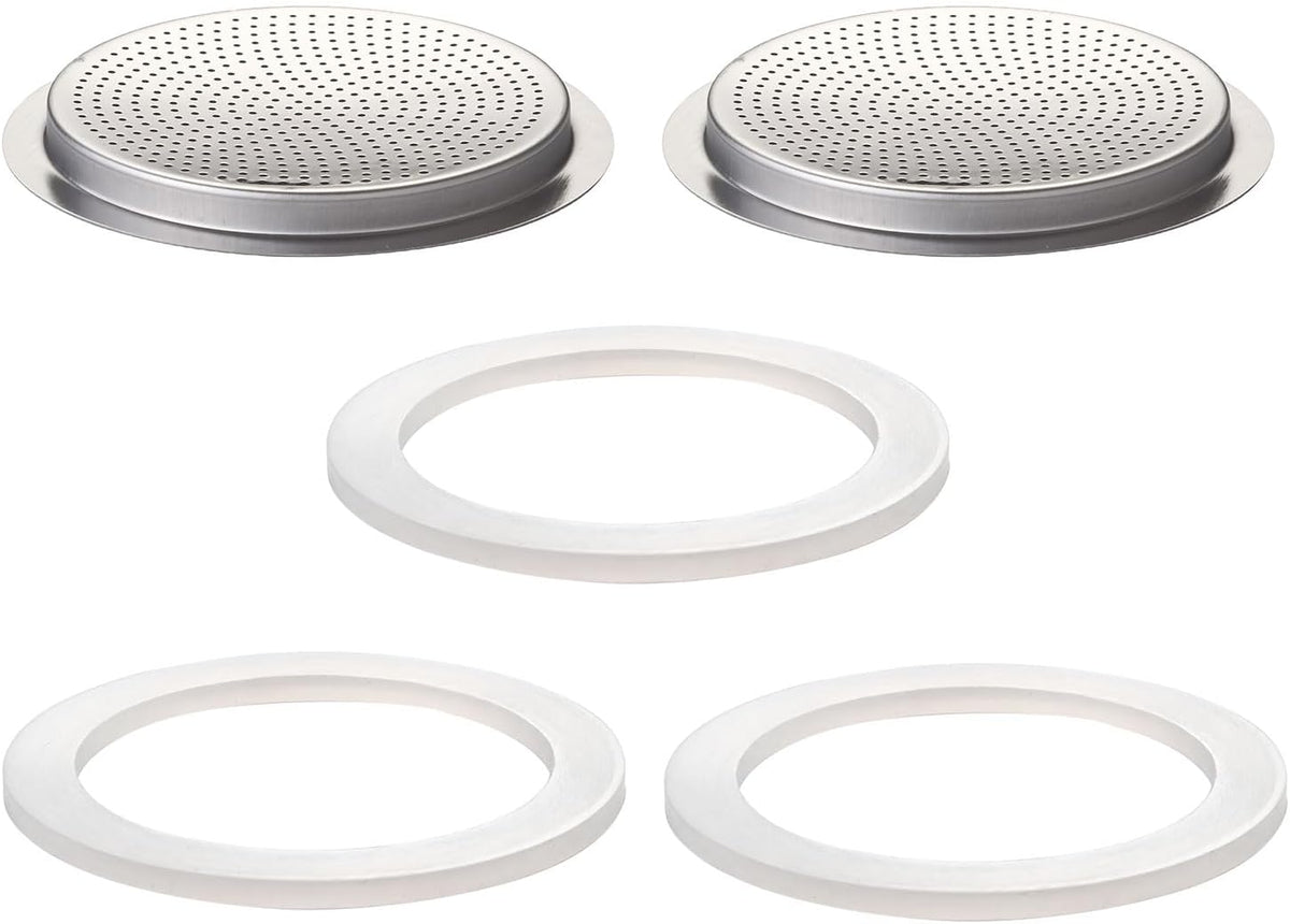 2Pcs Filter with 3Pcs Silicone Gasket Seals for 2 Cup Stovetop Espresso Coffee Maker Replacement Parts for Big Tummy and Straight Stainless Steel