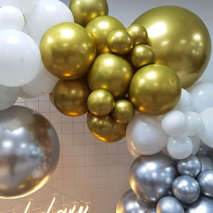 127pcs Silver Gold White Latex Balloons Garland Arch Kit 18in 12in 10in 5in for Birthday Baby Shower Wedding Graduation Party Decors (Silver Gold White)