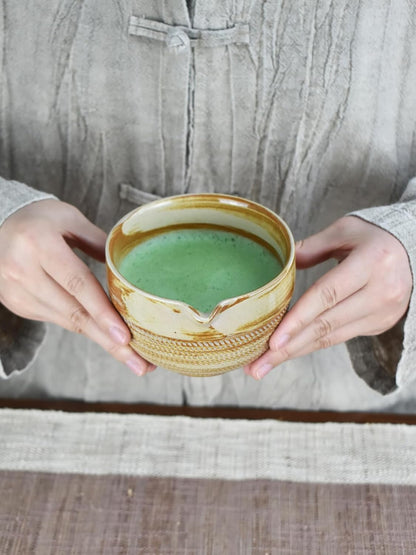 Matcha Tea Set – 4 Piece Traditional Japanese Matcha Kit with Beige & Brown Ceramic Spout Bowl, Whisk, Holder, Scoop & Guide – Authentic Tea Ceremony Set for Home Use