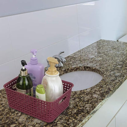 Sandmovie Plastic Weave Storage Baskets for Kitchen Bathroom, Wine Red, 6 Packs, F