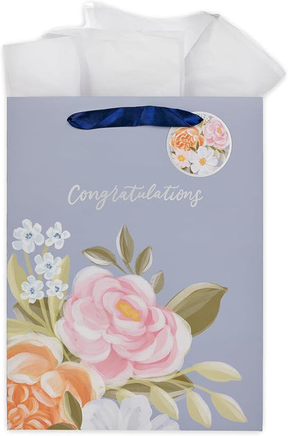 Christian Art Gifts Large Portrait Inspirational Gift Bag, Tag & Wrapping Tissue Paper Set for Women: Congratulations, Weddings, Graduations, Cute Satin Ribbon Handles, Pastel Blue Multicolor Floral