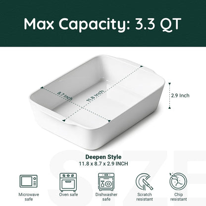 3.3 QT Ceramic Baking Dish, White Casserole Dish,Lasagna Pan for Oven, Bakeware for Baking, Kitchen Decor, Microwave Oven Safe, Dinner Party (8.7" x 11.8")