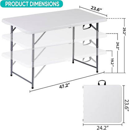 4 FT Folding Table, Fold in Half, Height Adjustable Heavy Duty Portable Plastic Table w/Handle for Picnic Party Camping Dining Indoor Outdoor, Lightweight White