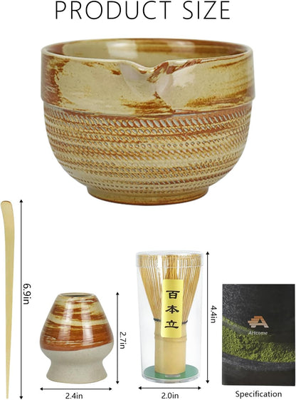 Matcha Tea Set – 4 Piece Traditional Japanese Matcha Kit with Beige & Brown Ceramic Spout Bowl, Whisk, Holder, Scoop & Guide – Authentic Tea Ceremony Set for Home Use