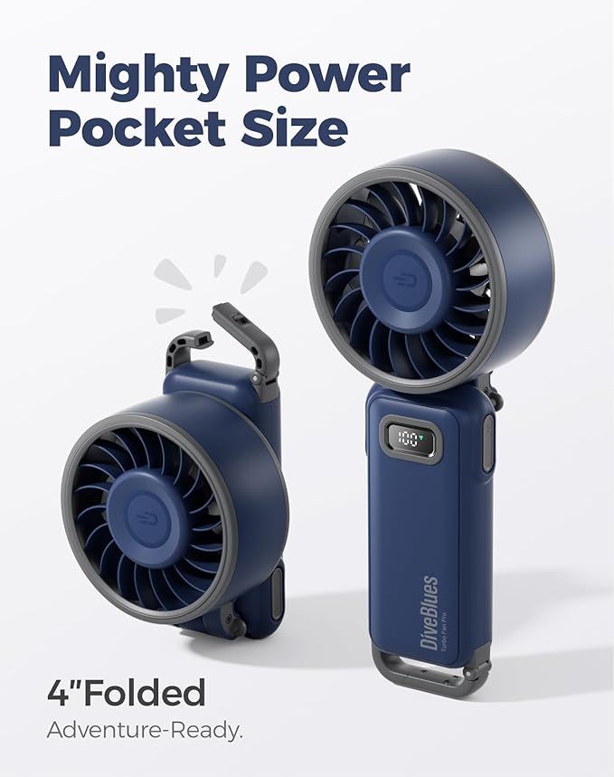 Diveblues Portable Handheld Fan, 7.4m/s High Speed Turbo Fan, 180° Foldable 4-in-1 Personal Neck Fan Integrated Carabiner Clip, 100 Speed Stepless Control, USB-C Rechargeable, 12H Battery, Fanzy D6036