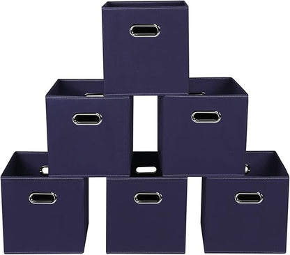 Navy Blue Fabric Storage Bins, 11x11x11, Set of 6, Foldable Cube Bins for Cloth or Accessory Storage