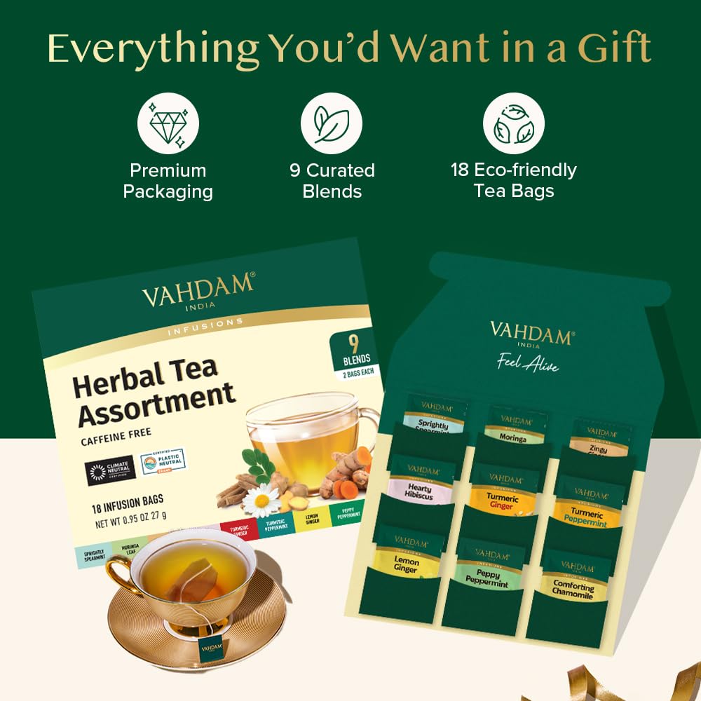 Vahdam, Assorted Herbal Tea Sampler (18 Tea Bags, 9 Flavors) Caffeine-Free, Non-GMO, Double Infusion, Individually Enveloped Tea Bags