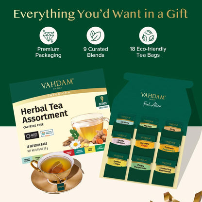 Vahdam, Assorted Herbal Tea Sampler (18 Tea Bags, 9 Flavors) Caffeine-Free, Non-GMO, Double Infusion, Individually Enveloped Tea Bags