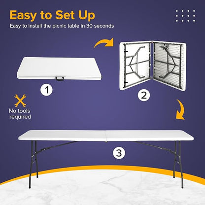 Dopinmin 8FT Plastic Camping Table Foldable Outdoor Dining Table Portable Party Table with Carrying Handle for Parties Wedding BBQ Camping Dining Kitchen,White