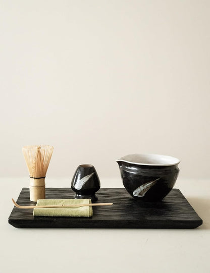 6-pcs Japanese Matcha Whisk Set with Handmade Wabi-Sabi Ceramic Bowl(Chawan),Bamboo Chasen, Whisk Holder, Scoop, Sifter & Tea Towel,Matcha Ceremony Kit,(Ink Cloud)