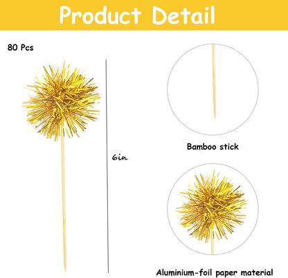 80 Pcs Firework Cupcake Topper Gold Graduation Cake Decorations Foil Frill Toothpicks for Party Decoration, Cake Toppers, Picnics, Bar, Birthday, Holiday (Gold)