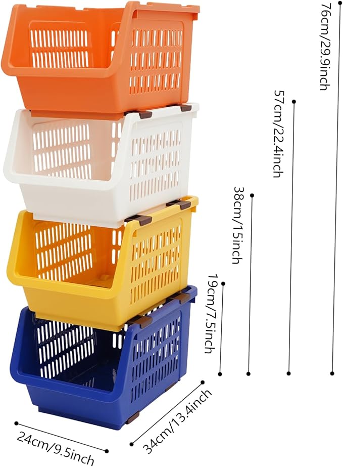 4-Pack Stackable Storage Baskets with 2 Wheels, Large Capacity 38.58 lbs Stackable Storage Bins Open Front, Space Saving Home Organization for Kitchen Bedroom Office (Morandi, 9.5*13.4*29.9 in)