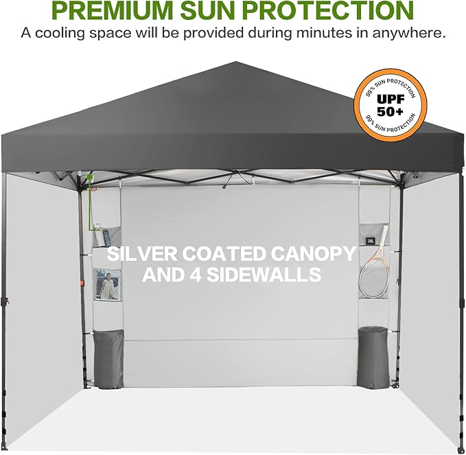 Tunbne 10X10 Comercial Pop Up Canopy Tent with 4 Sidewalls and 6 Pockets, One Push Setup Center Lock, for Beach Patio Outdoor, Case, 8 Stakes, 4 Ropes, 4 Sandbags (Charcoal Grey)