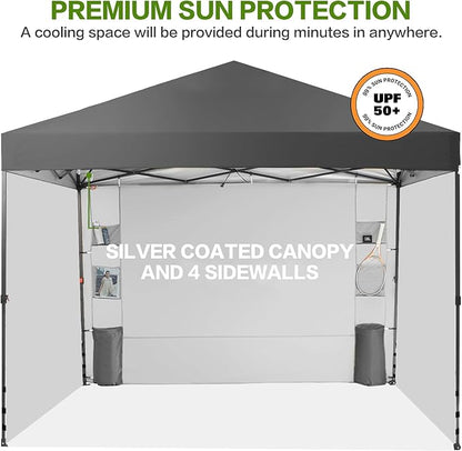 Tunbne 10X10 Comercial Pop Up Canopy Tent with 4 Sidewalls and 6 Pockets, One Push Setup Center Lock, for Beach Patio Outdoor, Case, 8 Stakes, 4 Ropes, 4 Sandbags (Charcoal Grey)