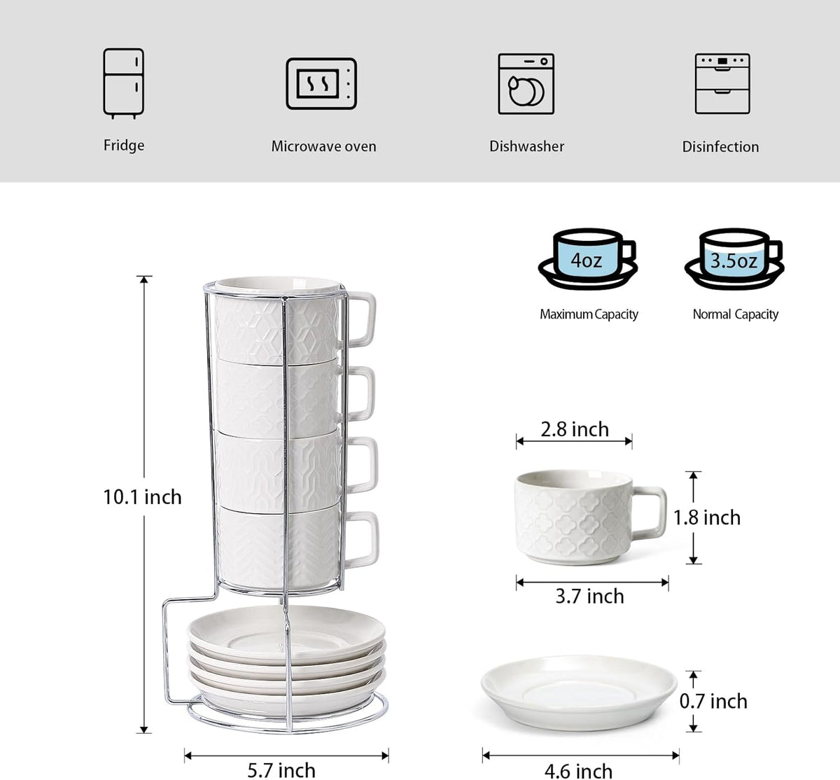 Sureasy Ceramic Espresso Cups Set of 4 – 4 oz White Embossed Cappuccino Cups with Saucers and Metal Stand, Stackable Mugs for Latte, Mocha, Tea, and Specialty Coffee