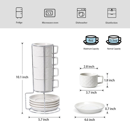 Sureasy Ceramic Espresso Cups Set of 4 – 4 oz White Embossed Cappuccino Cups with Saucers and Metal Stand, Stackable Mugs for Latte, Mocha, Tea, and Specialty Coffee