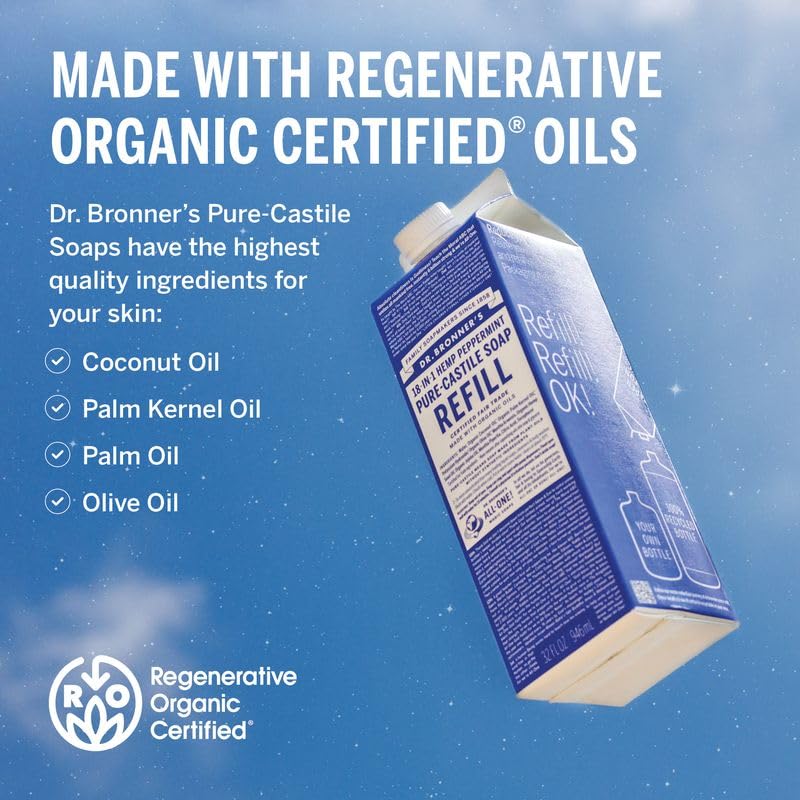 Dr. Bronner's Pure-Castile Liquid Magic Soap Refill - Made with Regenerative Organic Certified Oils, 86% Less Plastic - 18-in-1 Uses for Face, Body Wash, Hand Soap Refill & More - Peppermint, 32oz