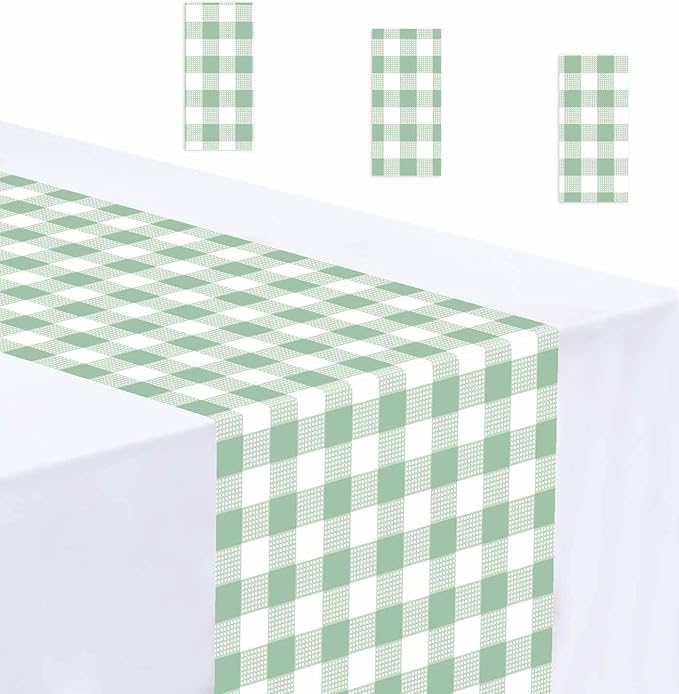 3 Pcs Sage Green and White Checkered Table Runner Plastic 14 x 108 Disposable Sage Green Gingham Table Runner for Birthday Wedding Baby Shower Party Table Centerpiece Decorations