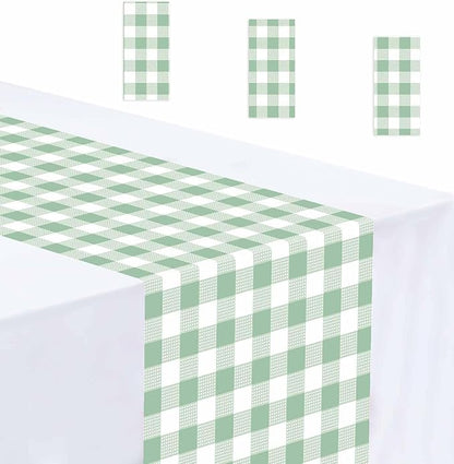 3 Pcs Sage Green and White Checkered Table Runner Plastic 14 x 108 Disposable Sage Green Gingham Table Runner for Birthday Wedding Baby Shower Party Table Centerpiece Decorations