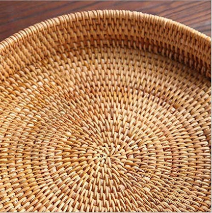 Rattan Round Serving Tray, Decorative Coffee Table Tray, Ottoman Hand Woven Serving Basket with Handles, Wicker Fruit/Bread Serving Basket, 11.8 inch