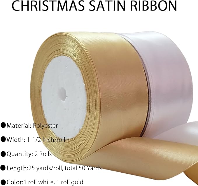 Gold Christmas Ribbon, Gold White Satin Ribbon 1-1/2 Inch 50 Yards Fabric Ribbons for Christmas Party Decorations, Gift Wrapping, Tree Ornaments, Bouquets, Door Wreaths, Bows Making and DIY Crafts