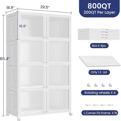 200Gal/800QT 4-Tier Stackable Collapsible Storage Bins Extra Large Closet Organizers with Lid & Wheels & Doors, Foldable Plastic Cabinet Container for Clothes Snack Craft Organizing, White