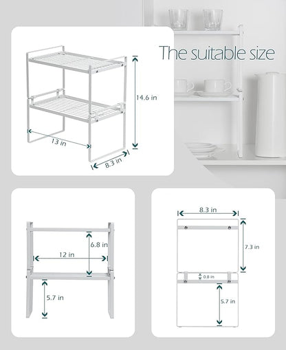 Shantton 2 Pack Kitchen Cabinet Shelf Counter Organizer Rack Pantry Storage Bathroom Bedroom Office Table Desk Space Saving Steel Frame Stackable Rust Resistant Non Slip White