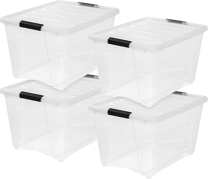 IRIS USA 54 Qt Stackable Plastic Storage Bins with Lids, 4 Pack - BPA-Free, Made in USA - See-Through Organizing Solution, Latches, Durable Nestable Containers, Secure Pull Handle - Clear