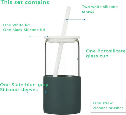 Sunseeke Glass Tumbler with Straw and Lid, 16oz Ice Coffee Cup, Silicone Sleeve Cleaning Brushes, Drinking Glasses for Water, Iced Coffee, Smoothie - BPA Free (Slate blue-gray)
