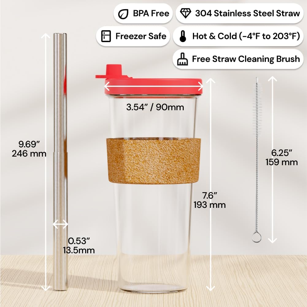 Dodoko Hot Pink Reusable Boba Tea Cup with Straw, 24 oz - Insulated BPA Free Shatterproof Tumbler for Iced Coffee, Smoothies, Cold Drinks