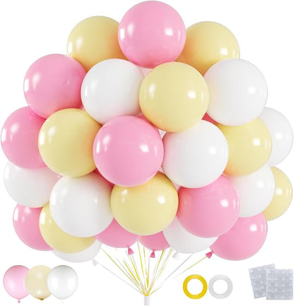 60pcs Easter Party Balloons, 12inch Macaron Pink Yellow White Latex Balloons for Easter Party Decorations, Bridal Shower, Baby Shower, Wedding Decor (With Ribbons)