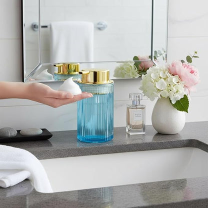 Foaming Soap Dispenser, 12 Oz Blue Glass Foam Hand Soap Dispenser, Refillable Glass Foam Pump Bottle Container Decorative Slim Ribbed Bottle for Bathroom and Kitchen