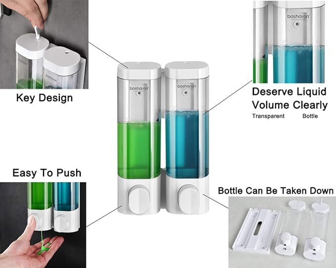 Soap Dispenser Shampoo Shower Dispenser Wall Mount 300mlx2 for Bathroom Hotel (Transparent & White)