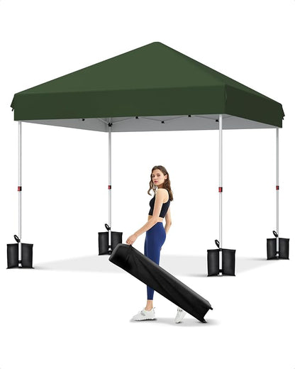 10x10 Pop Up Canopy with One Button Push Setup - Heavy Duty Outdoor Canopy Tent with Portable Roller Bag - 3 Adjustable Height, 4 Weight Bags, 8 Stakes & 4 Guy Ropes Included, Green