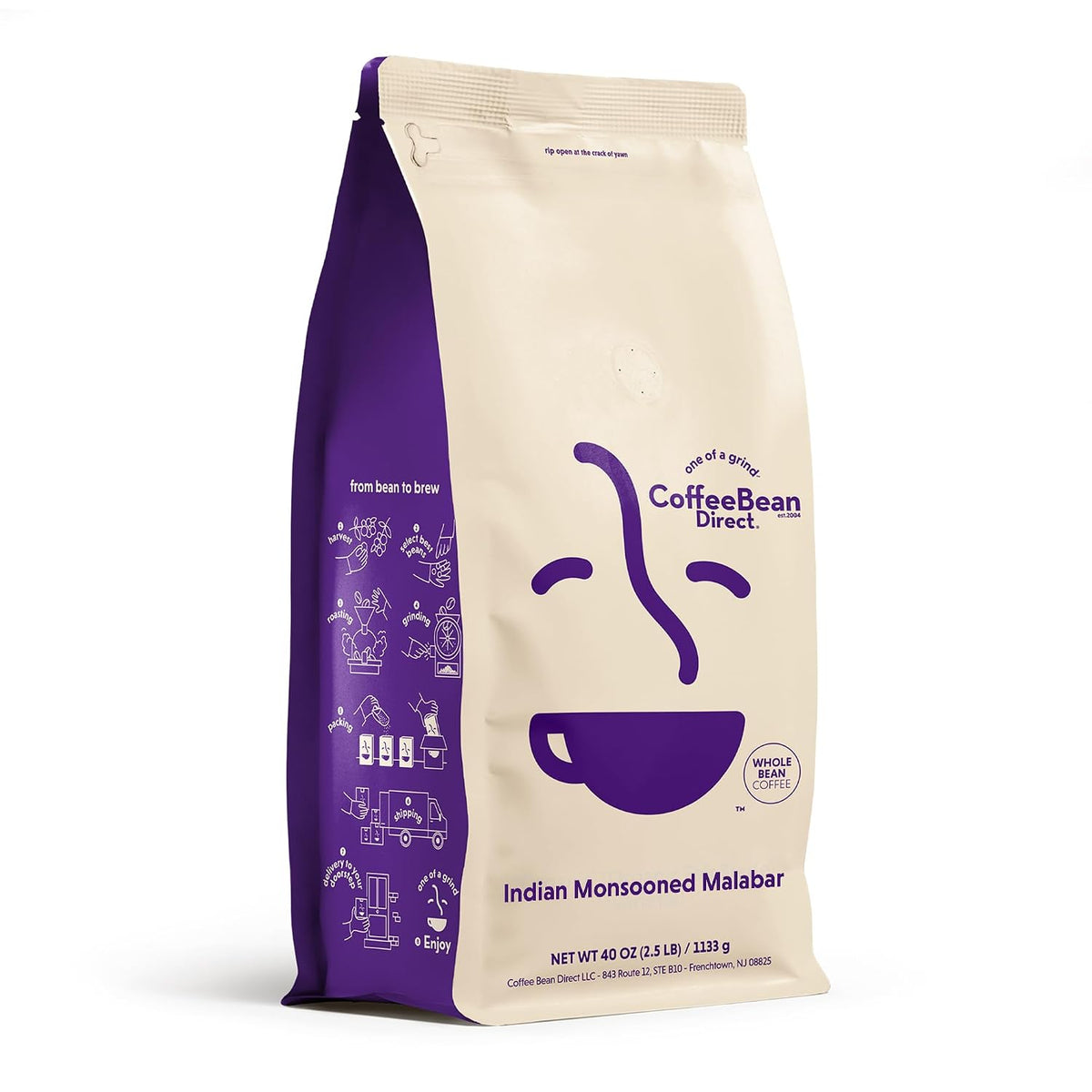 Coffee Bean Direct Indian Monsooned Malabar, Whole Bean, 2.5lb Bag | Light Roast, Single Origin Arabica Coffee Beans